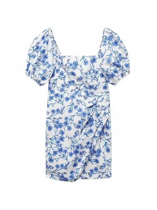 Mango Cotton Balloon-Sleeve Floral Printed Mini Dress Blue White NWT 4 / Small - Picture 3 of 6